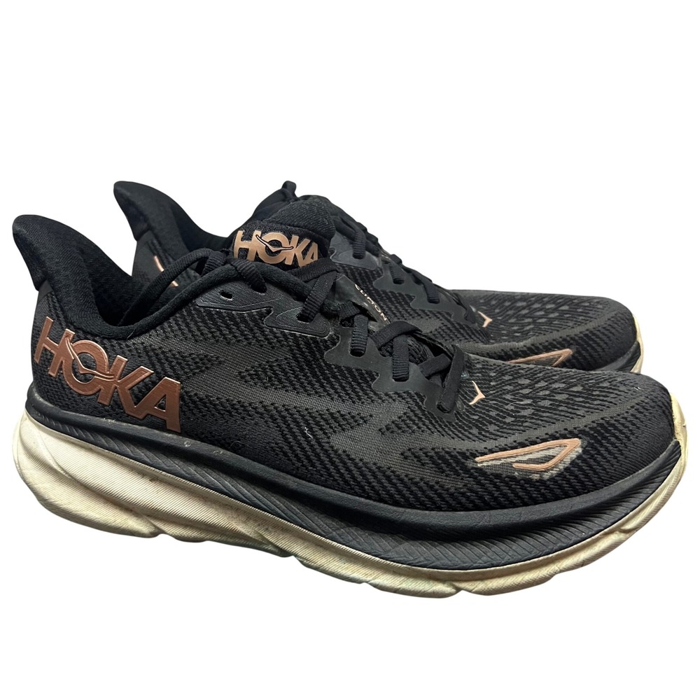 Hoka Clifton 9 Running Shoes Womens 8.5 Black Rose Gold Walking Road Sneakers